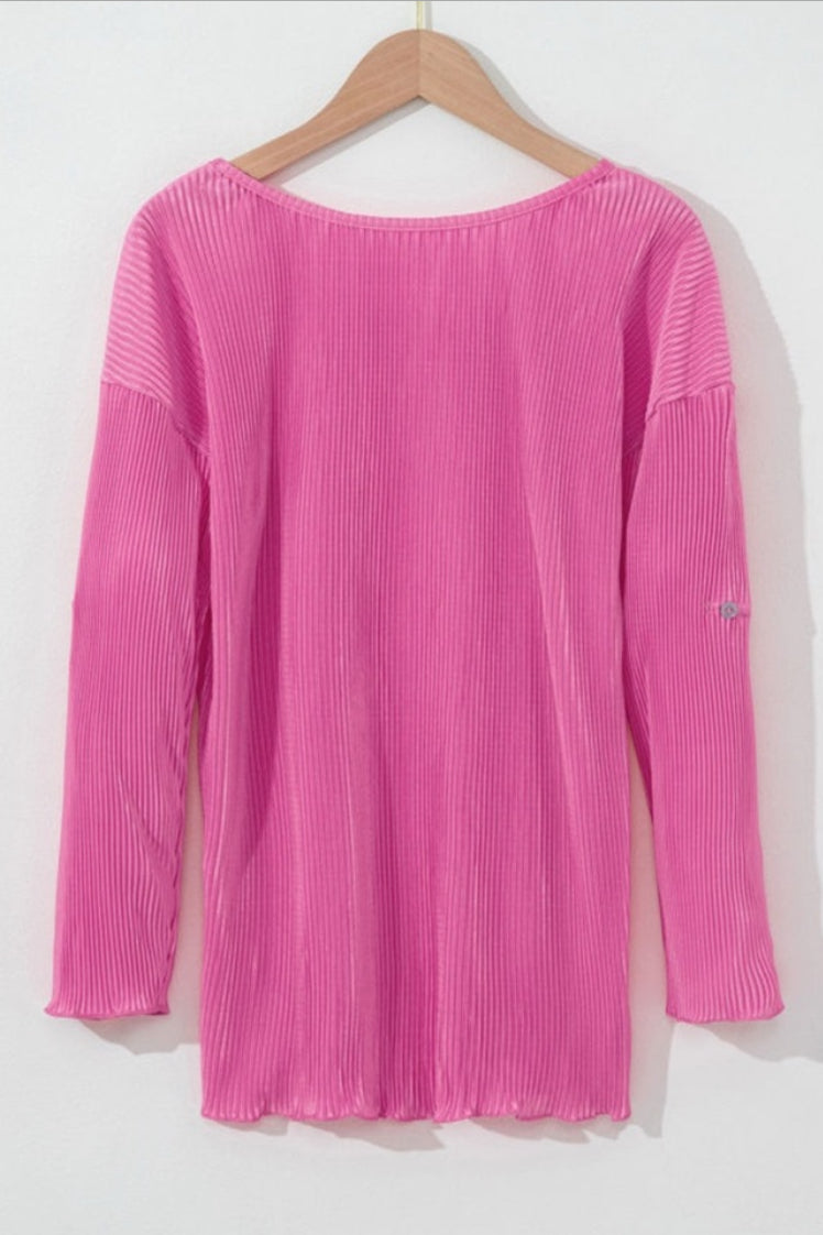 Pink Pleated Roll Tab Sleeve Blouse