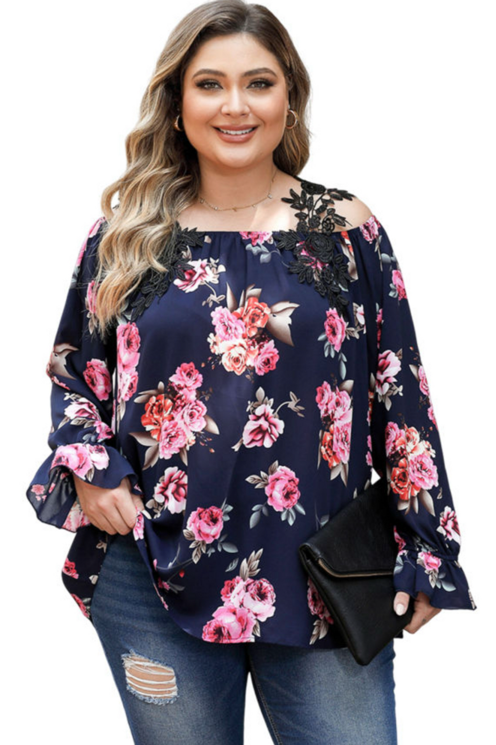 Plus Size Crochet Detail Navy Floral Cold Shoulder Long Sleeve Blouse