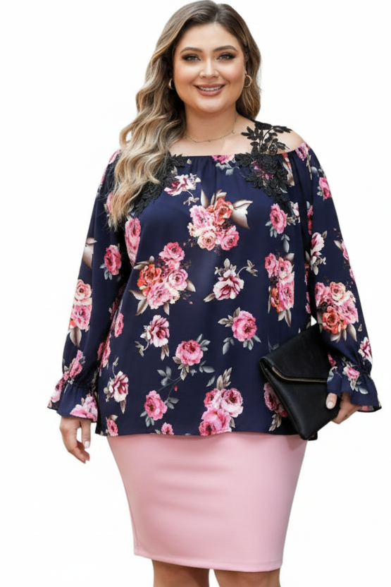 Plus Size Crochet Detail Navy Floral Cold Shoulder Long Sleeve Blouse