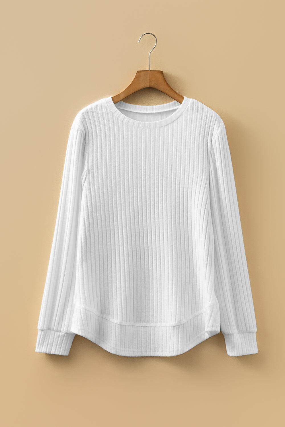 White Ribbed Texture Round Neck Long Sleeve Rounded Hem Knit Top