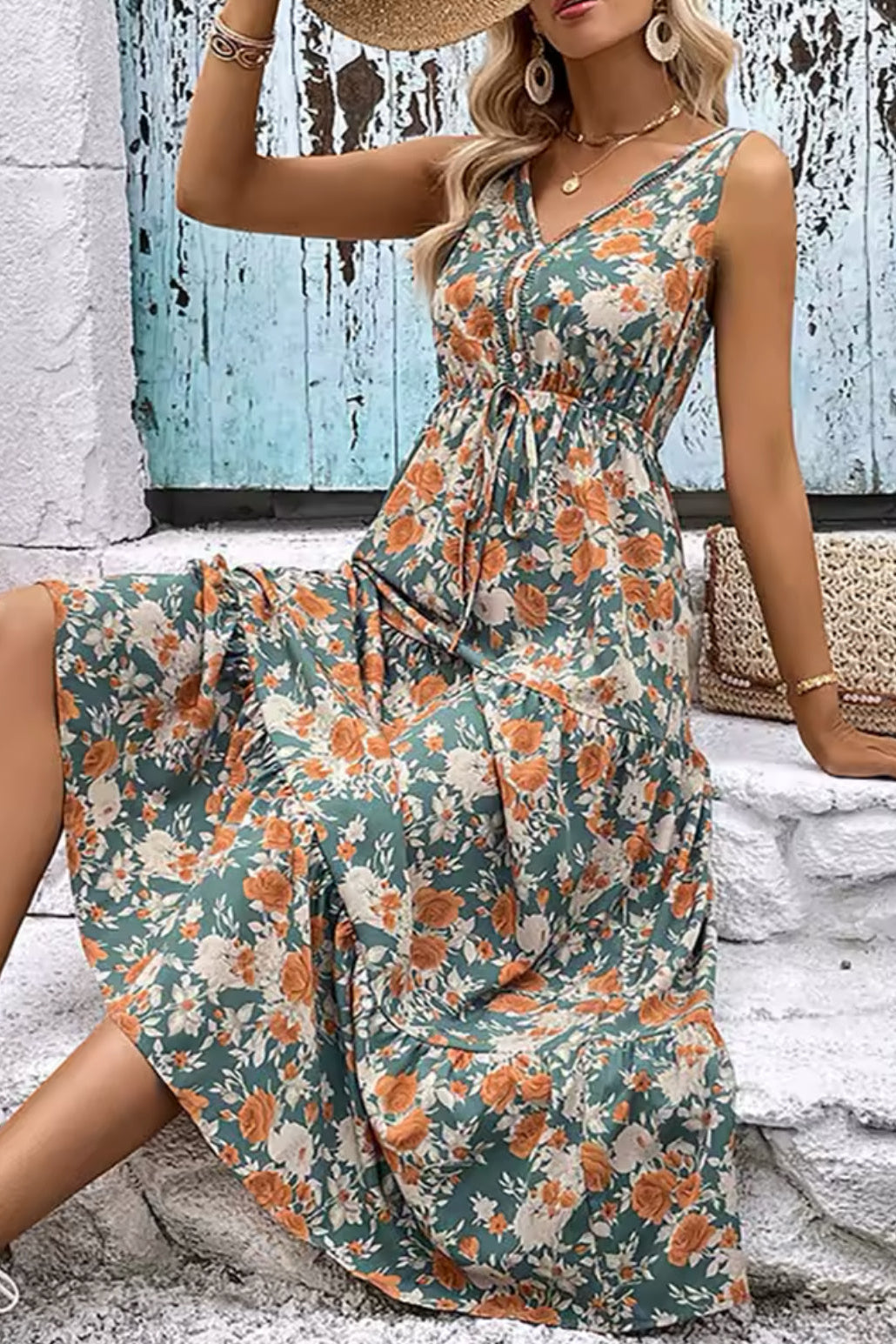 Dusty Green Floral Print V Neck Tie Waist Sleeves Maxi Dress