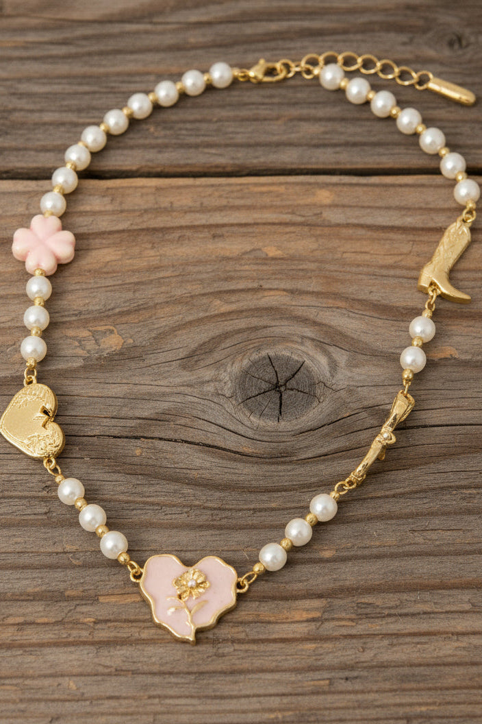 Mod Sky Rose Heart Western Charm Gold Pearl White Necklace