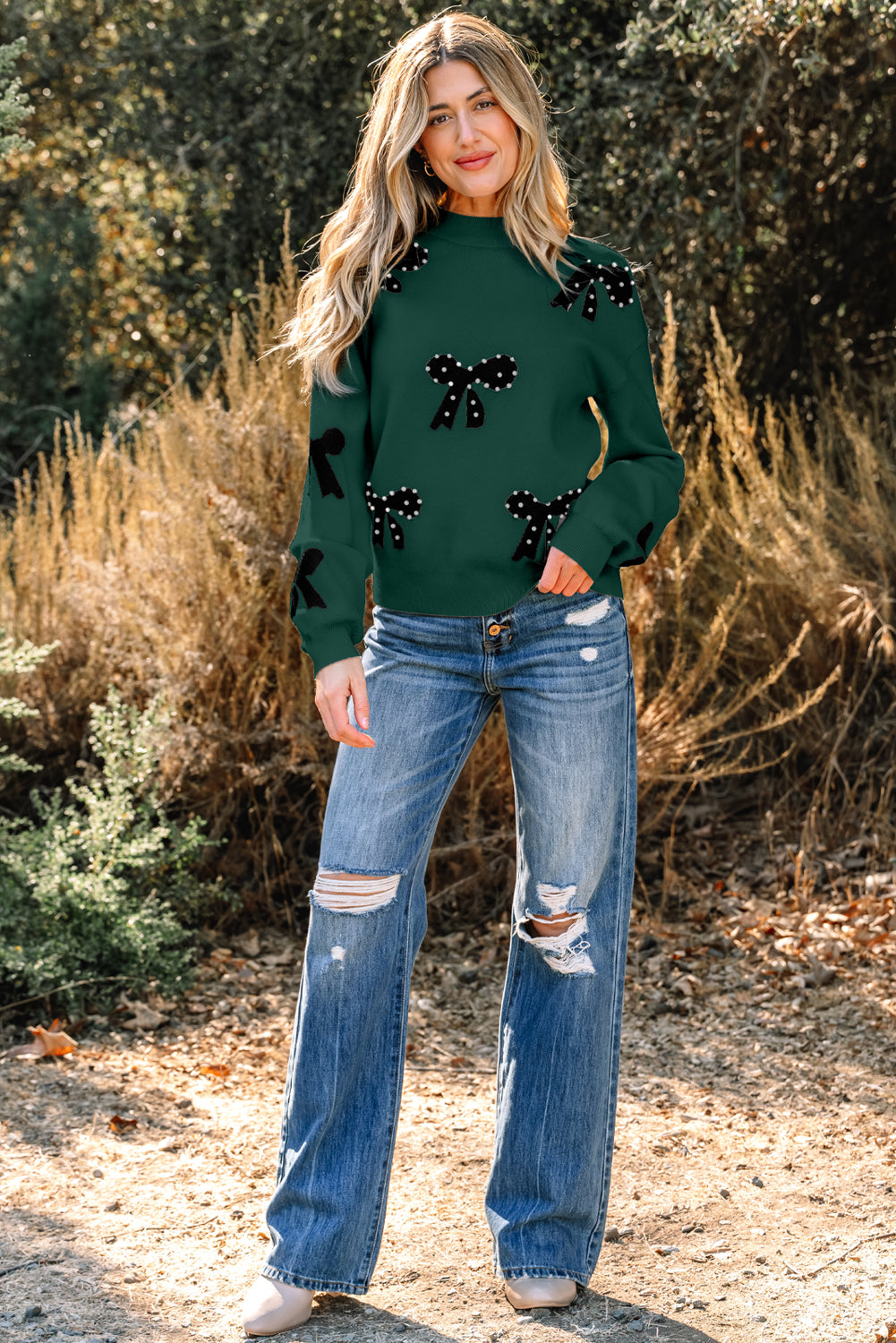 Blackish Green Pearl Embellished Bow Pattern Loose Sweater 3 colors