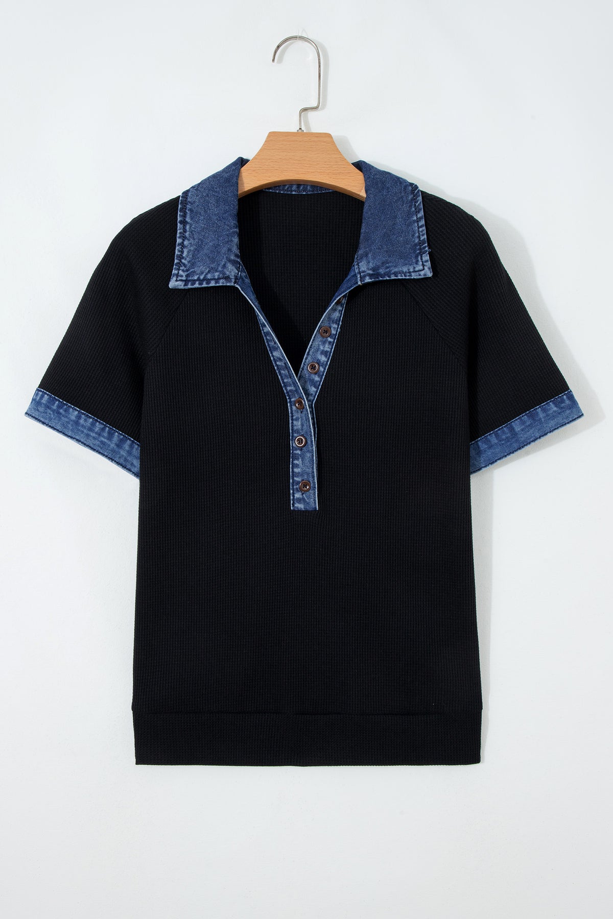 Black Waffle Knit Denim Contrast Trim Patchwork Button Polo Collar Top
