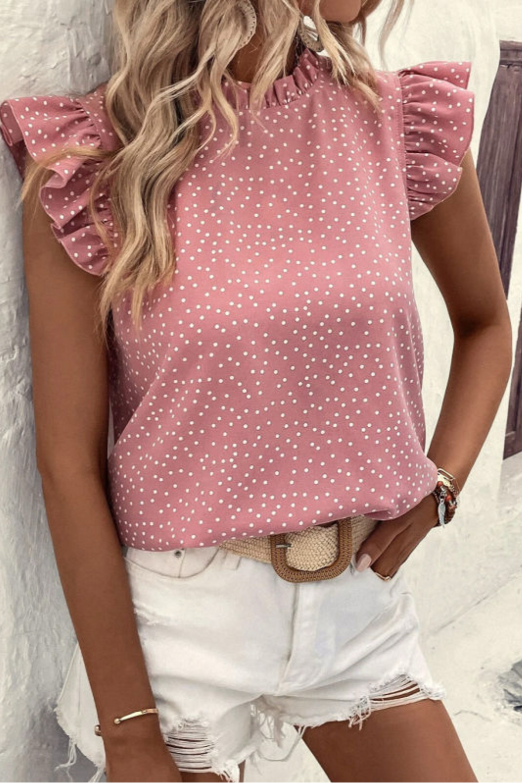 Ruffle Flutter Sleeve Pink Polka Dot Blouse