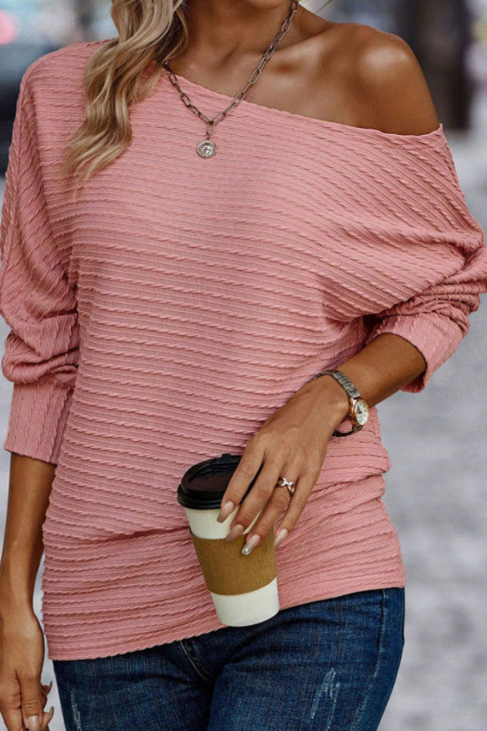 Dusty Pink Textured Knit Long Sleeve Knit Top
