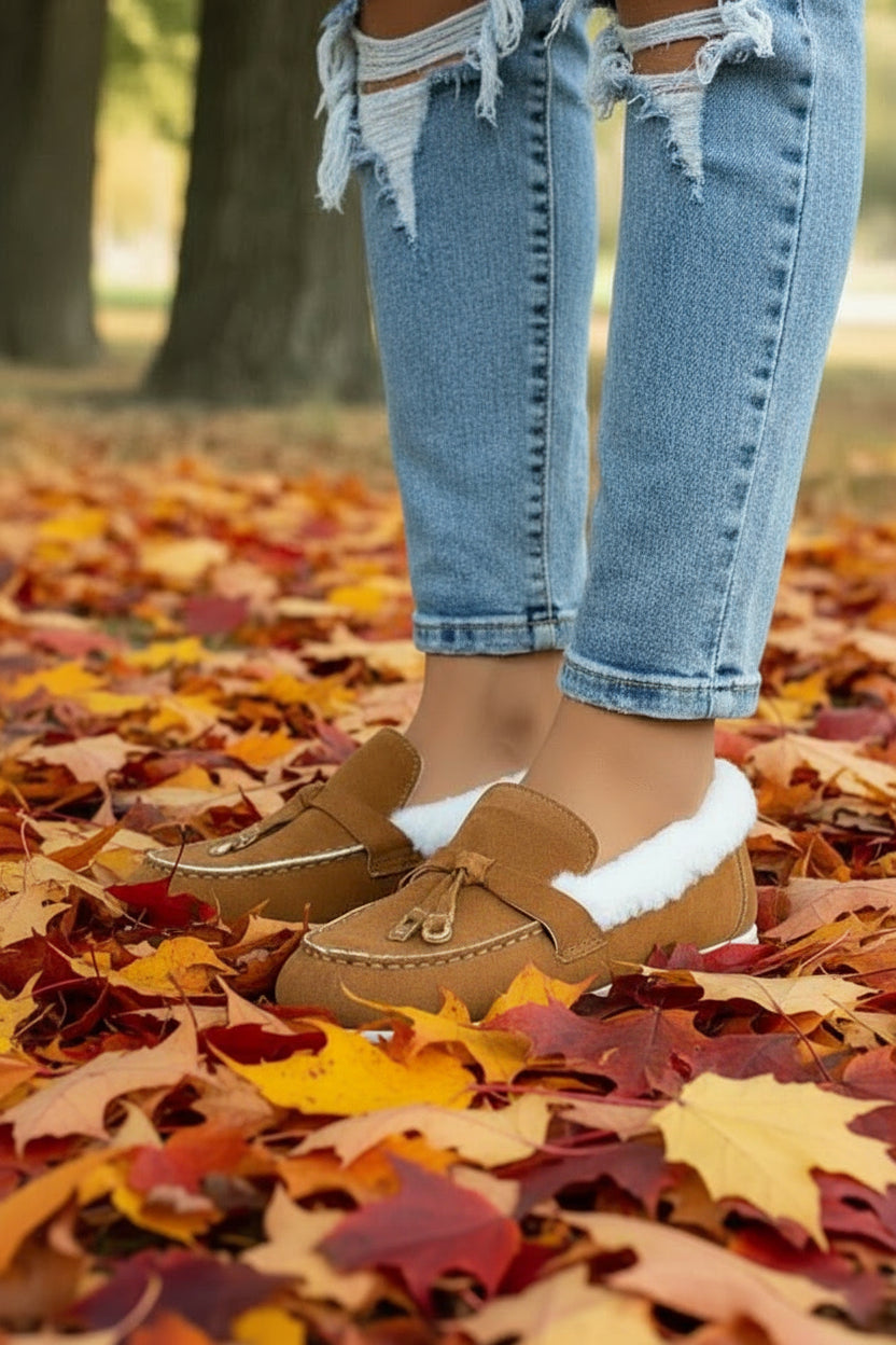 Cozy Brown Slip On Loafers with White Fleece Faux Fur Lining