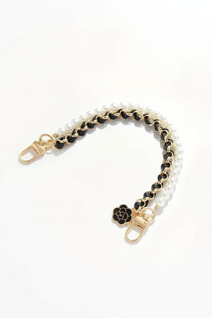 Gold Chain, Faux Pearl & Ribbon Floral Charm Wristlet for Bag, Phone, Keys 3 colors