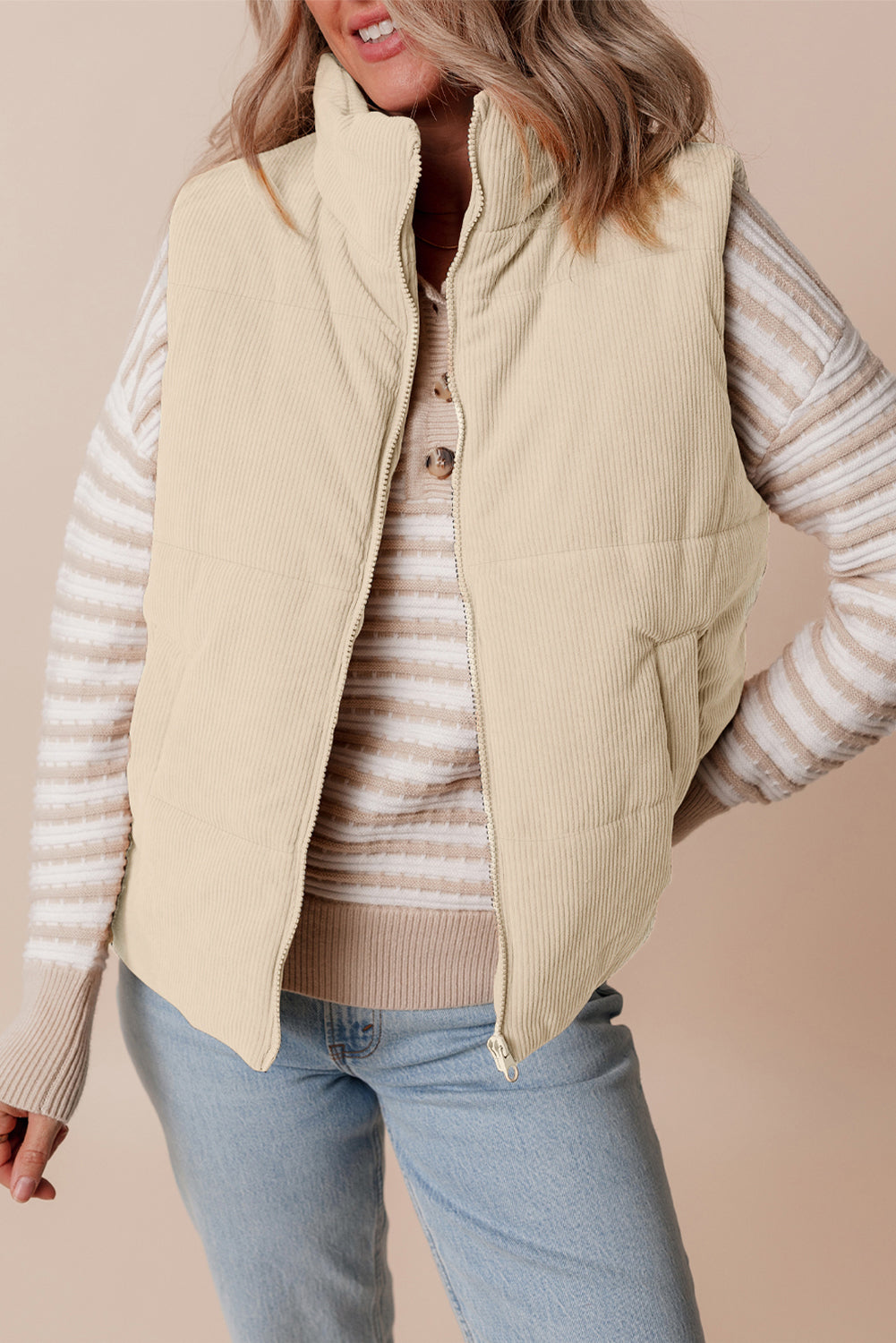 Coffee Corduroy Stand Neck Zipped Puffer Vest