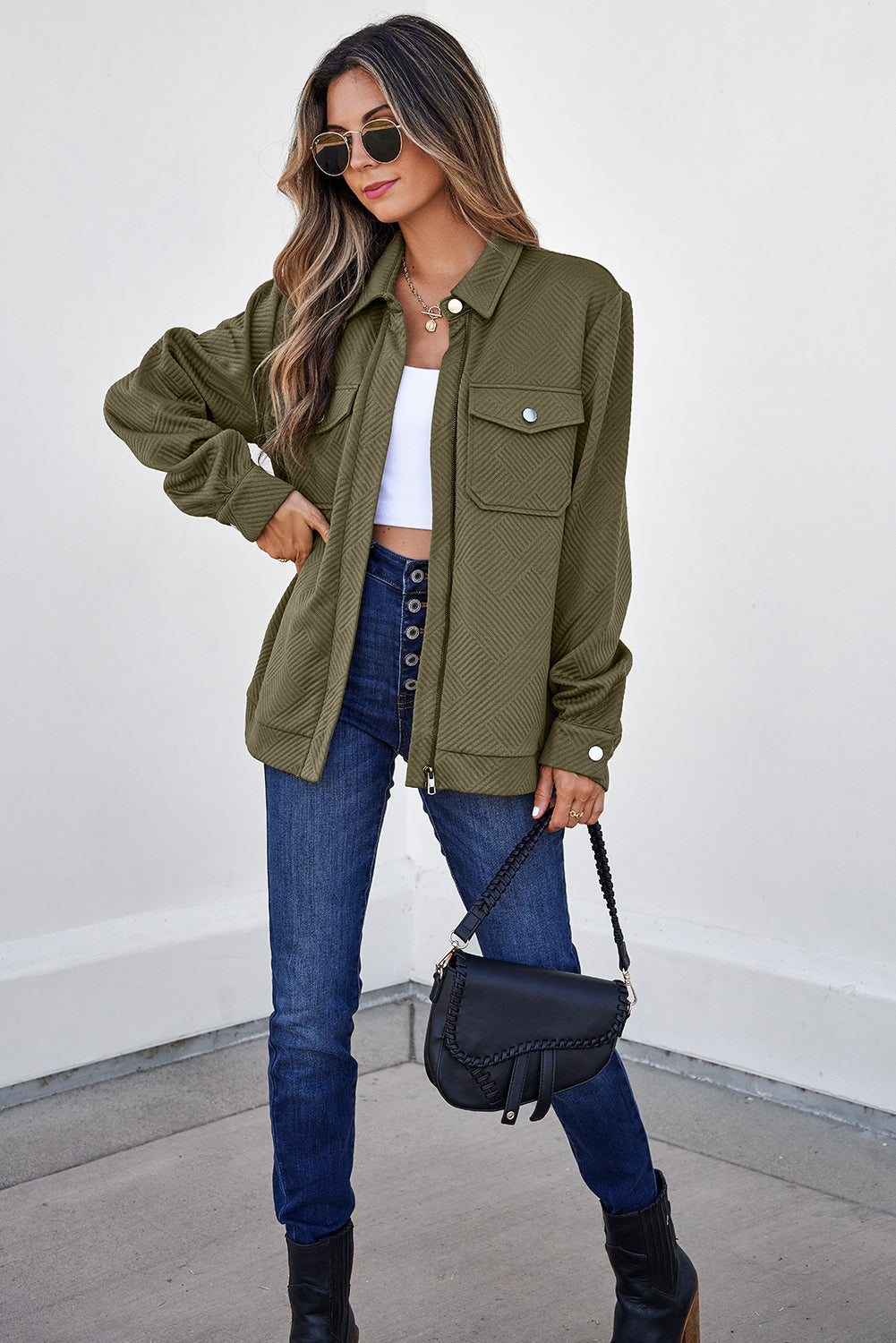 Blackish Green Solid Color Zip Up Button Flap Pocket Shirt Collar Jackets