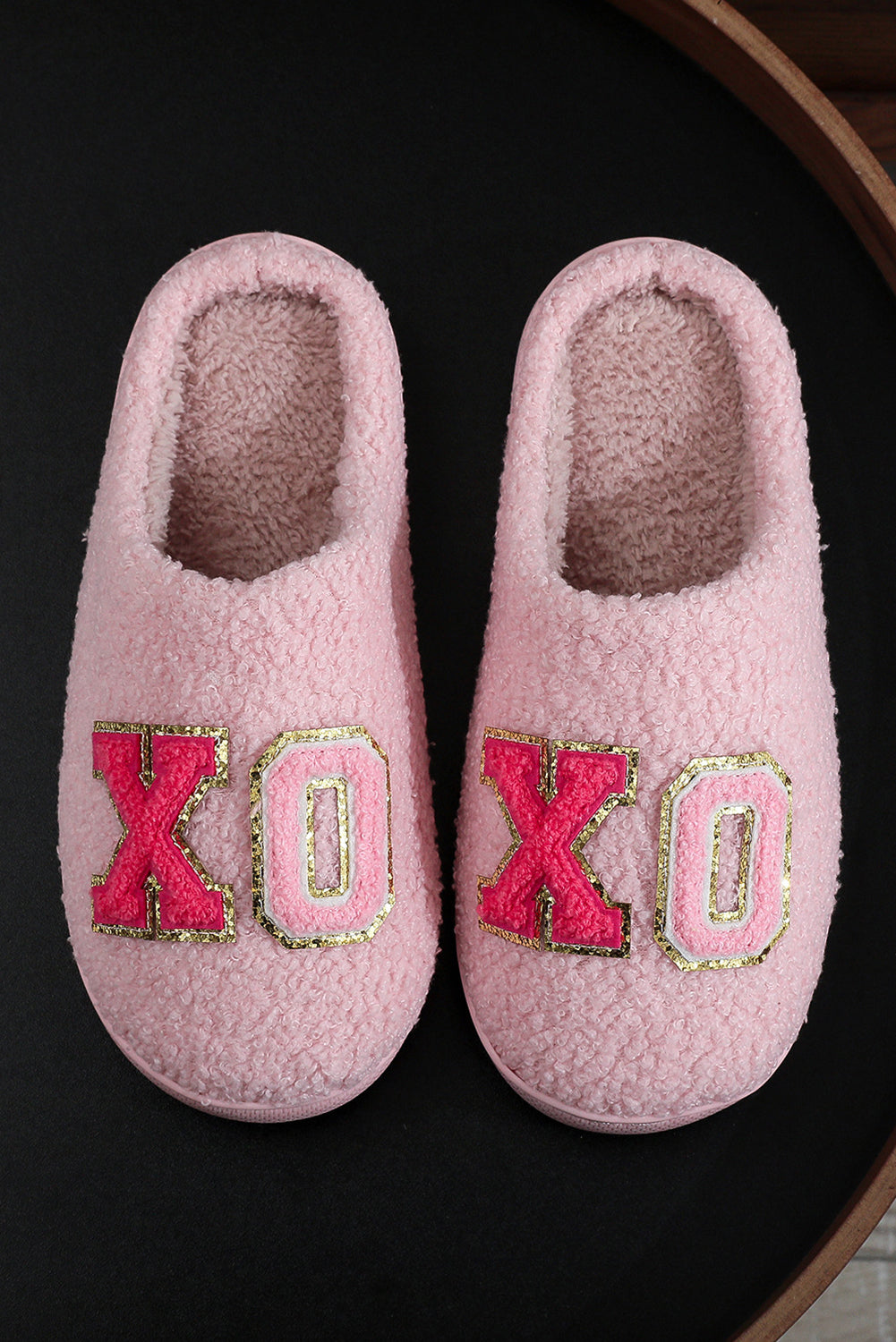 White XO XO Glitter Trim Letter Patched Plush House Slippers
