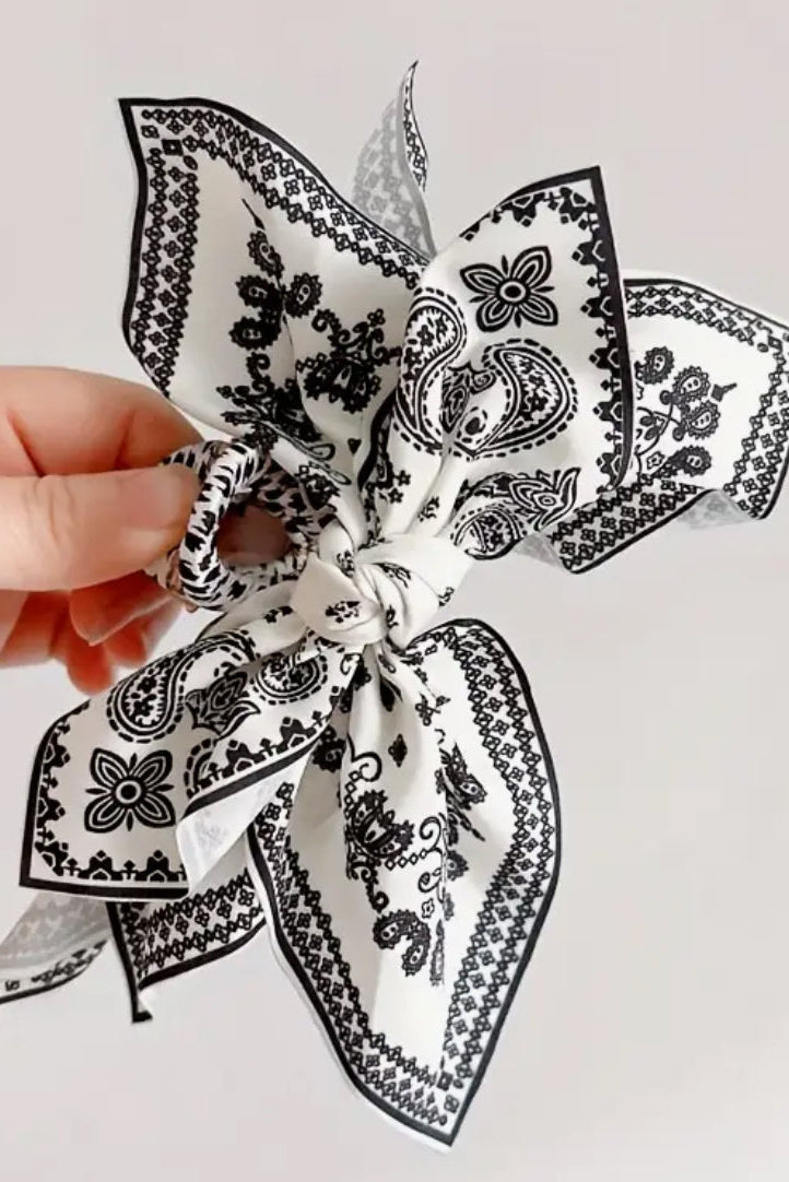 White and Black Paisley Floral Bandana Print Bow Knot Hair Clip