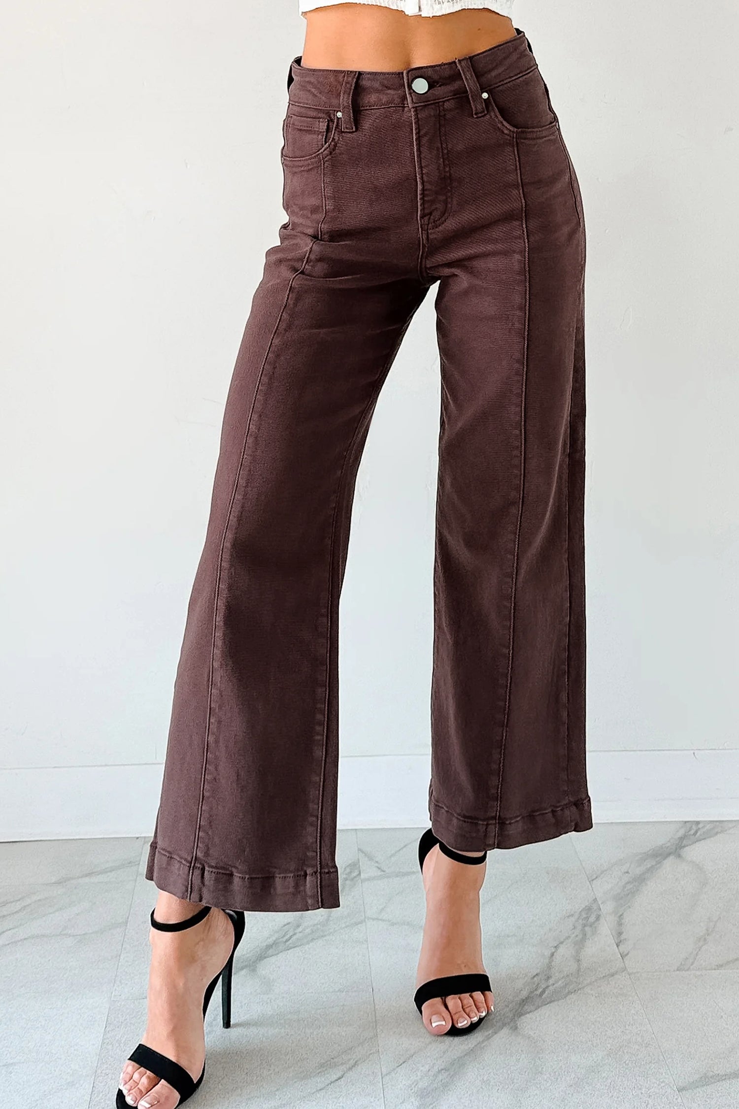 Red Sandalwood Solid Color Seamed Center Wide Leg Cropped Jeans