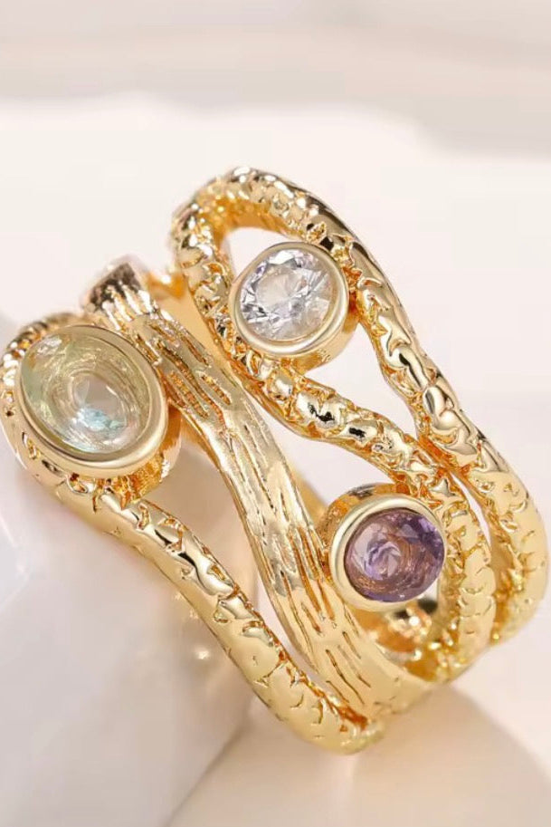 Gold Tone Multi-Layer Colored Stone Fashion Statement Ring