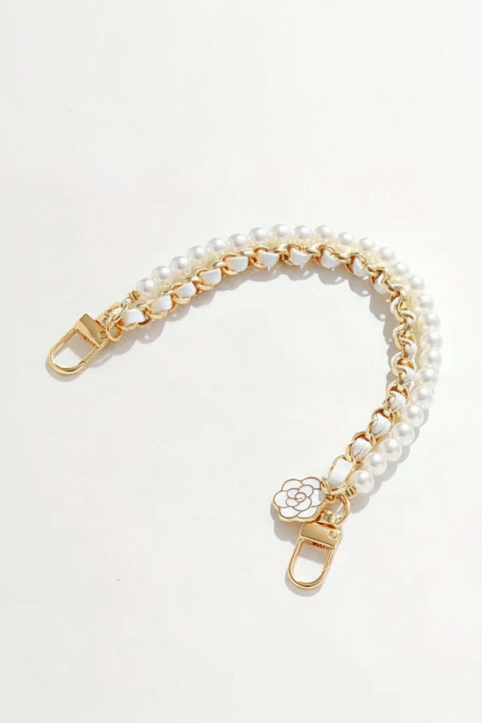 Gold Chain, Faux Pearl & Ribbon Floral Charm Wristlet for Bag, Phone, Keys 3 colors