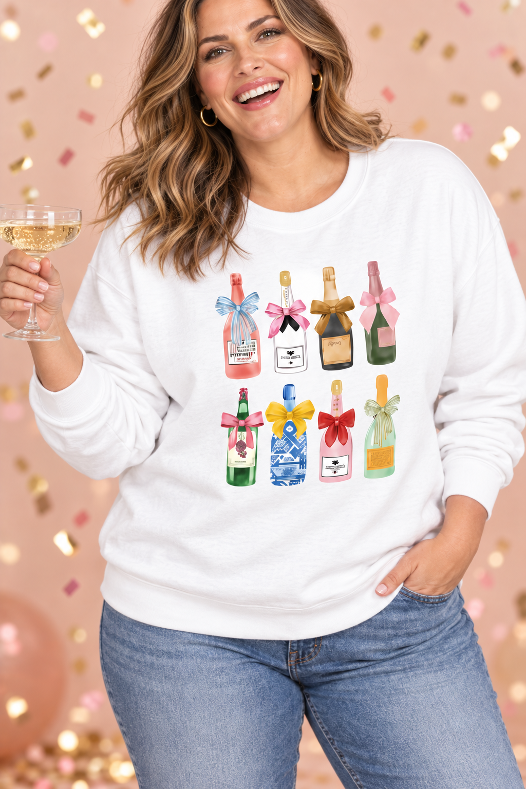 Colorful Champagne Bottle Print White Sweatshirt Plus Size