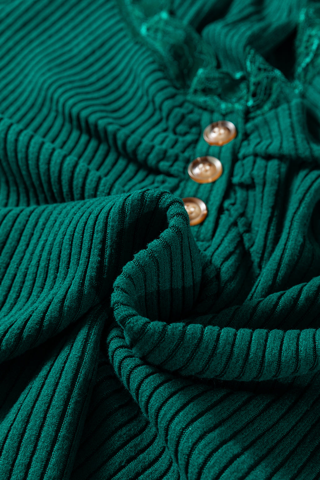 Beige Lace Neckline Button Decor Lettuce Edge Long Sleeve Ribbed Top