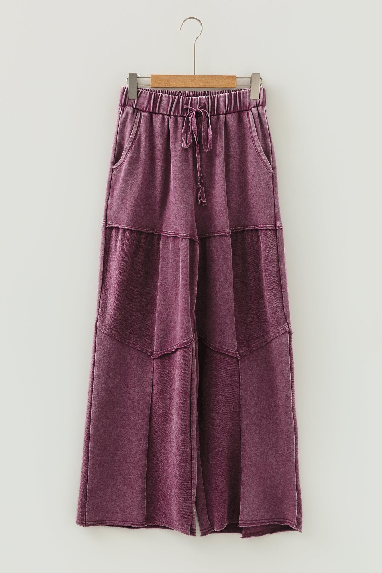 Black Mineral Wash Tiered Wide Leg Patchwork Drawstring Pants 3 colors