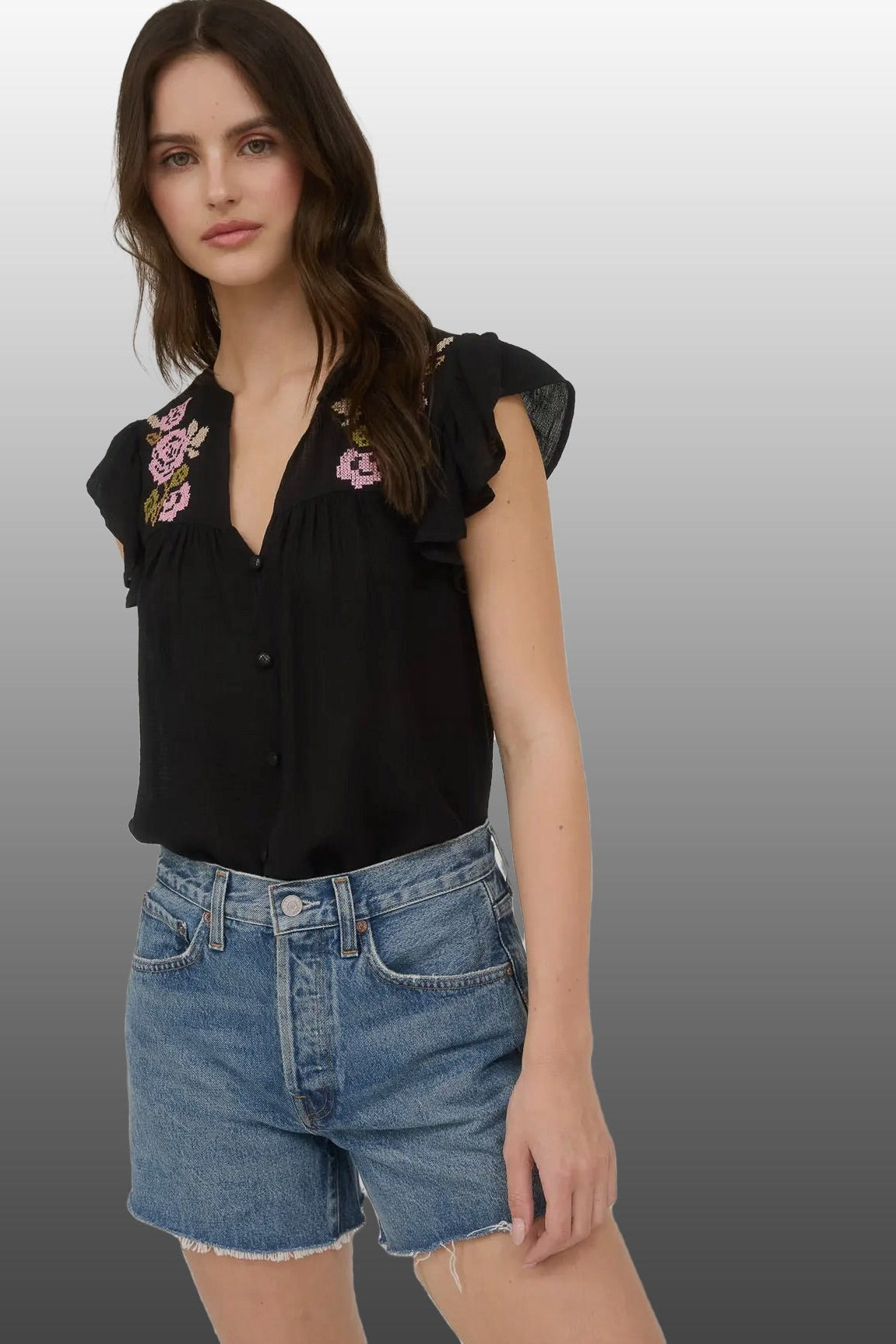 Mine Black with Pink Floral Embroidery V Neck Blouse