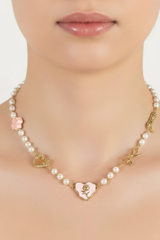 Mod Sky Rose Heart Western Charm Gold Pearl White Necklace