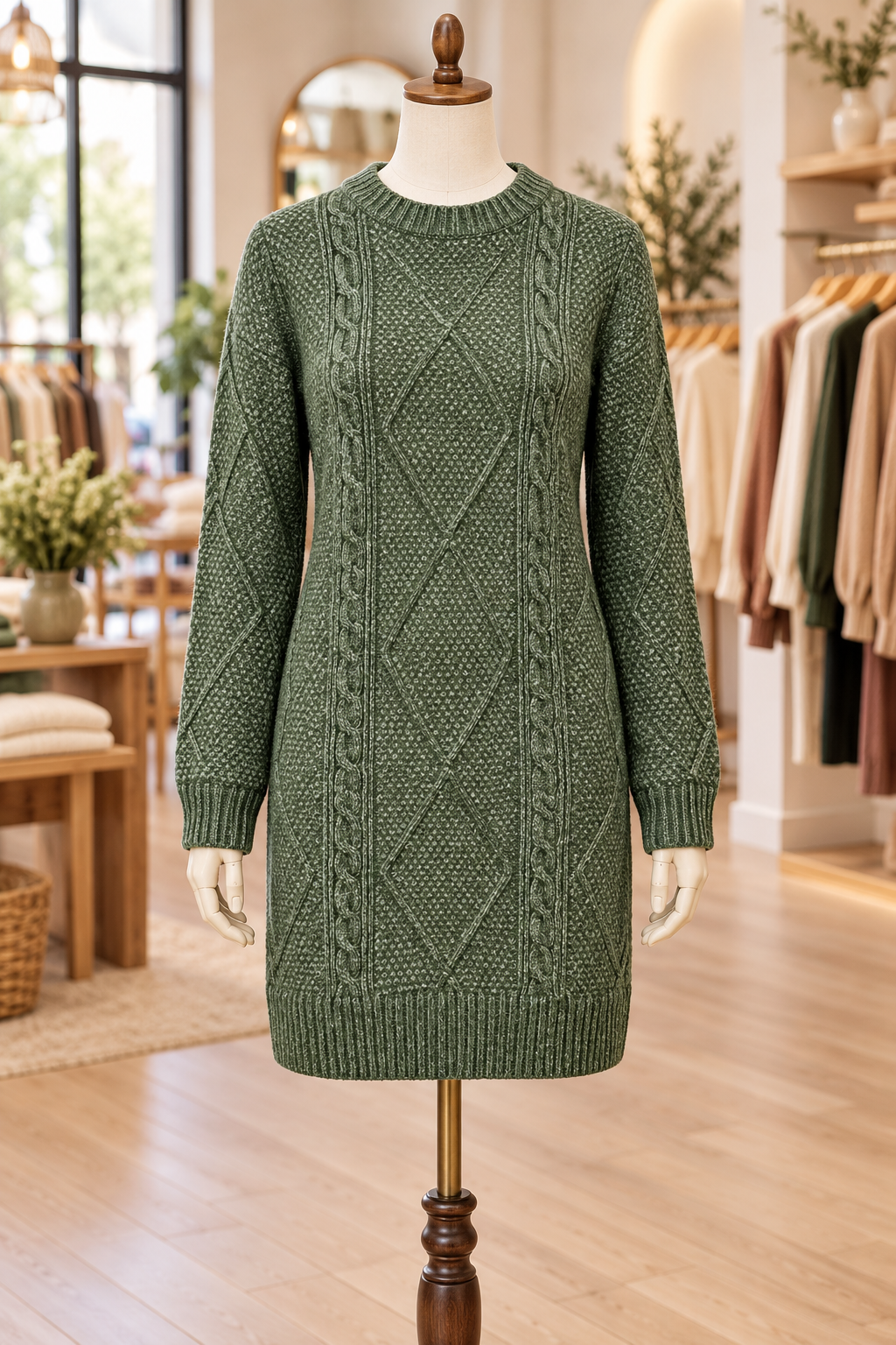 Mist Green Cable Knit Sweater Dress