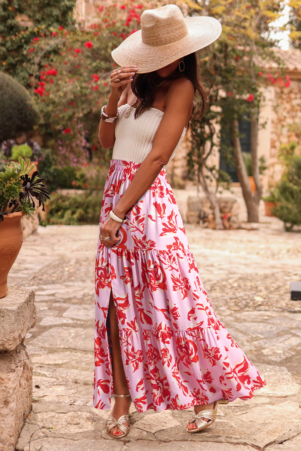 Pink Bohemian Floral Print Tiered Maxi Skirt with Split 2 Colors