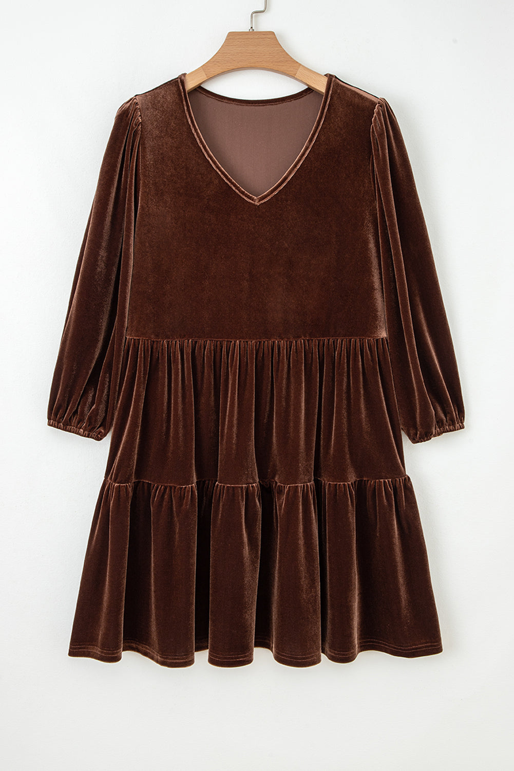 Chicory Coffee Solid Color Velvet V Neck Long Sleeve Tiered Mini Dress