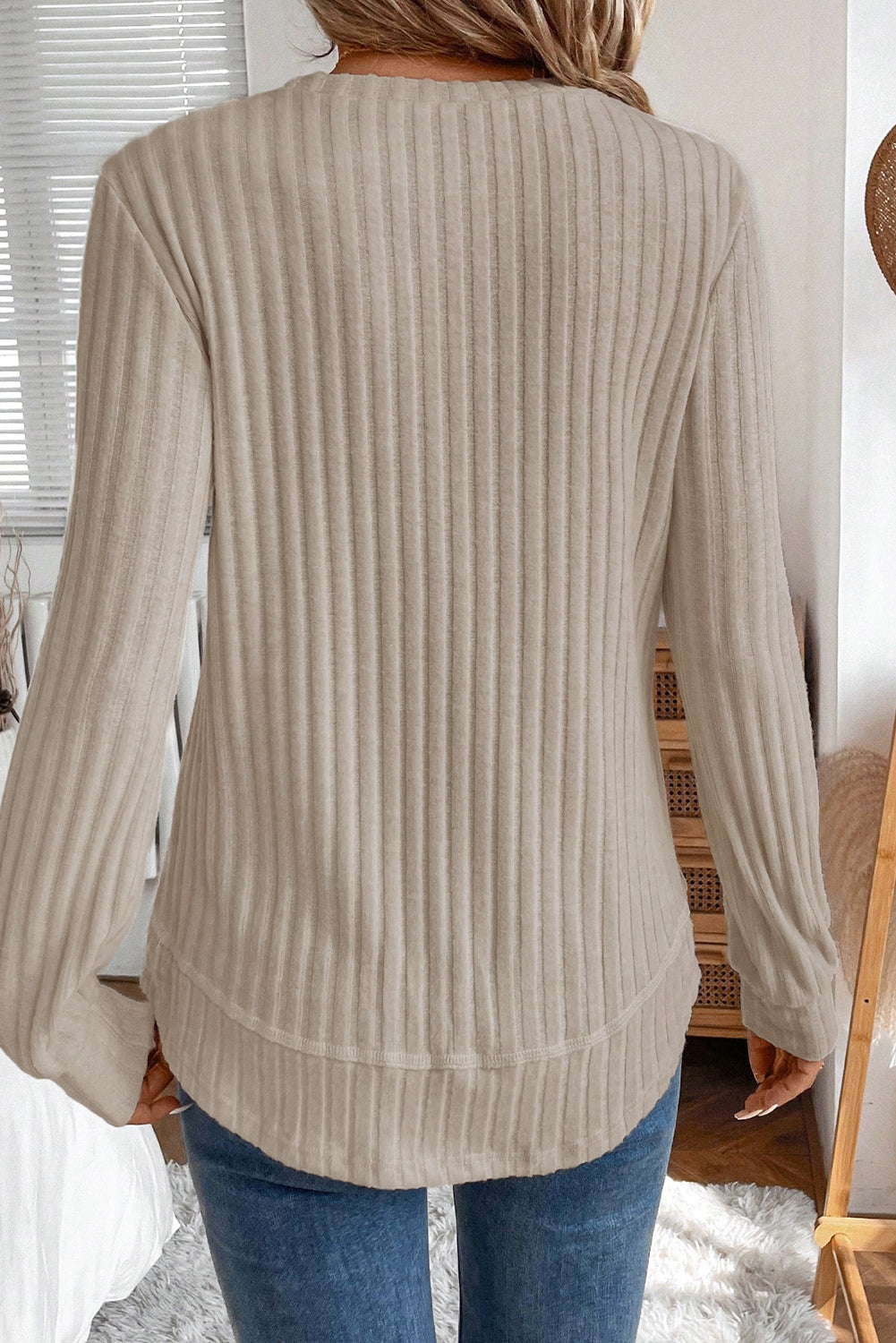 White Ribbed Texture Round Neck Long Sleeve Rounded Hem Knit Top