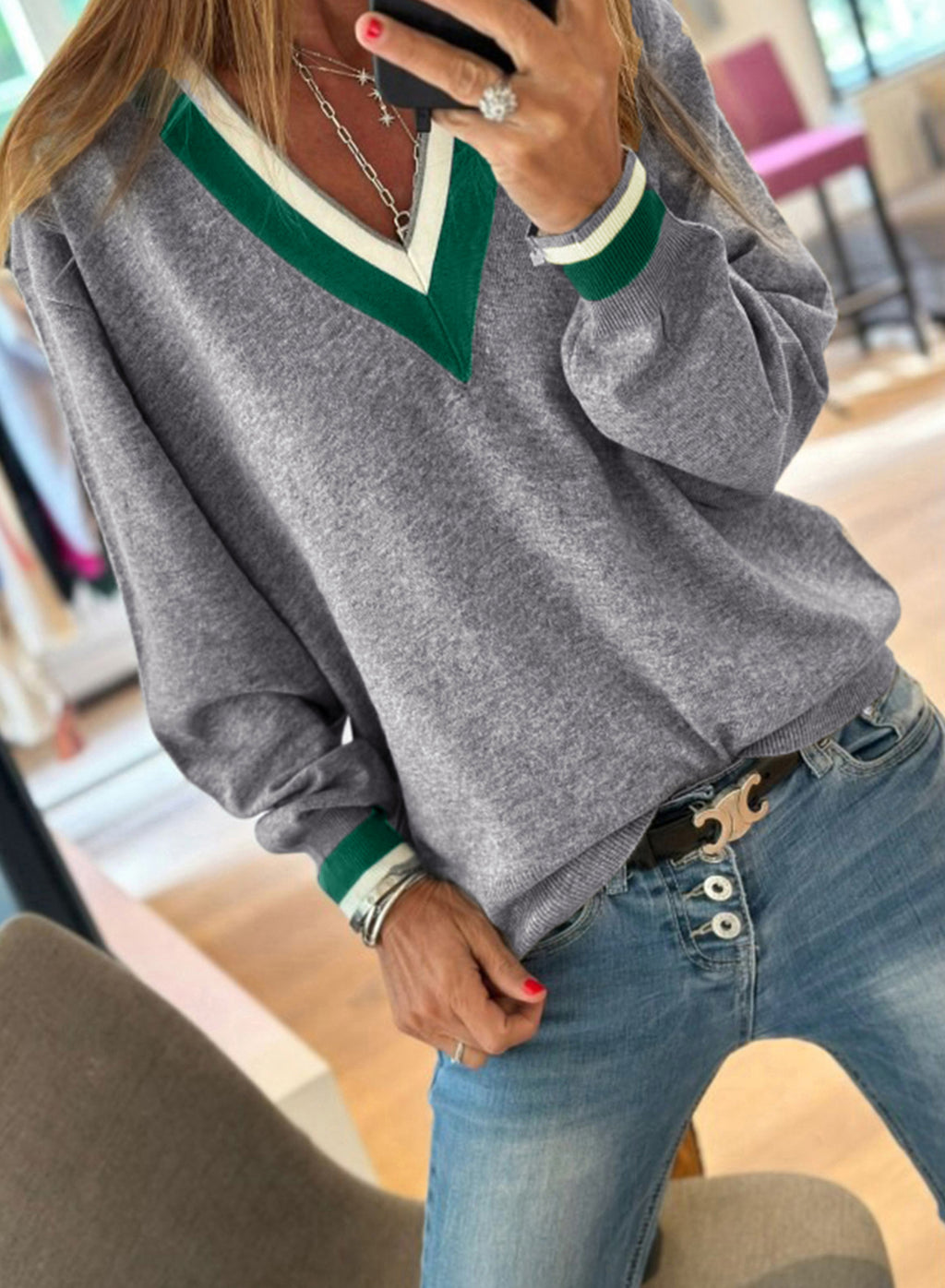Contrast Striped Trim V Neck Varsity Sweater 3 Colors