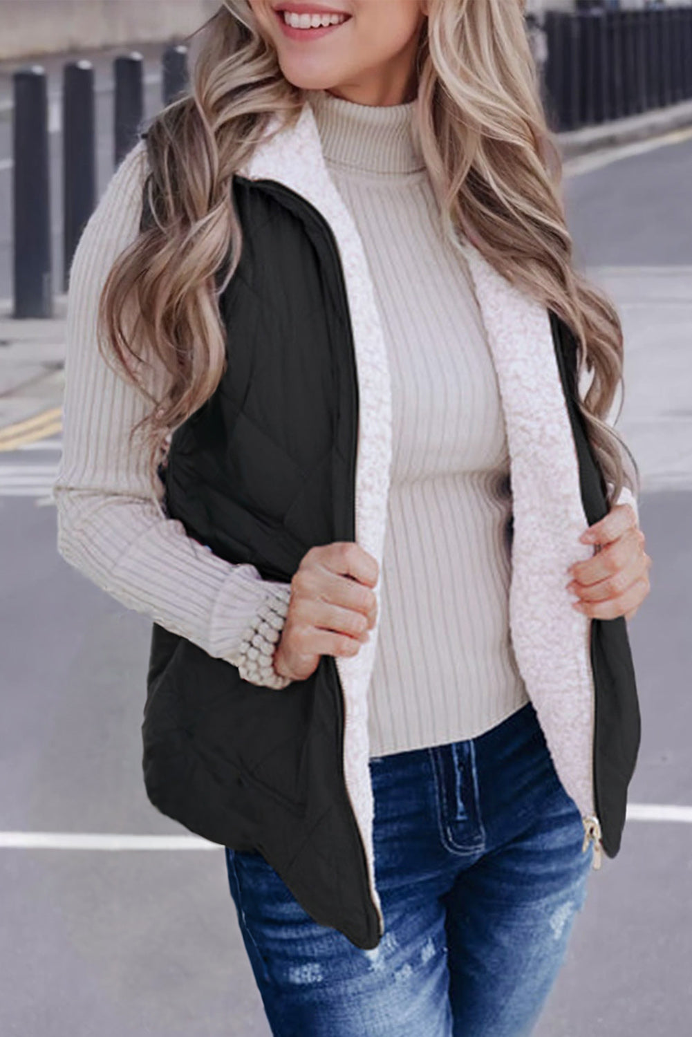 Pink or Black Fleece Lined Quilted Vest Coats
