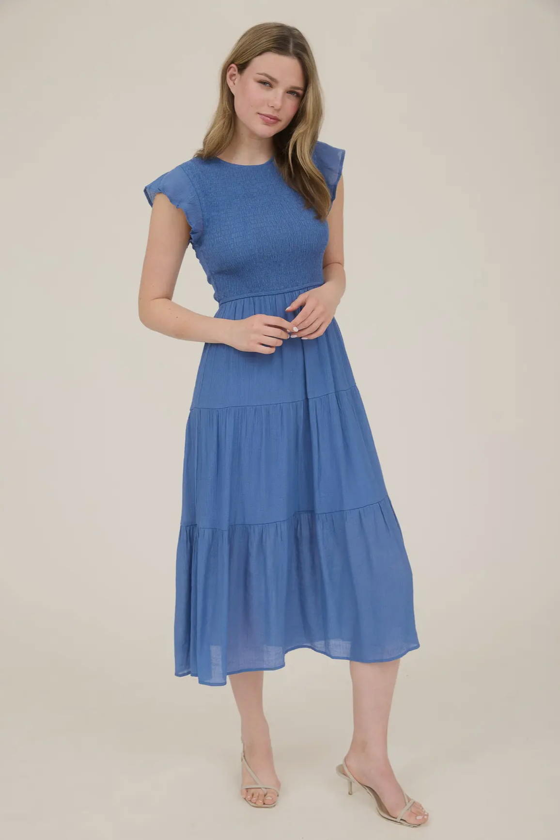Blue  Pepper Dusty Blue Smocked Tiered Midi Tiered Dress
