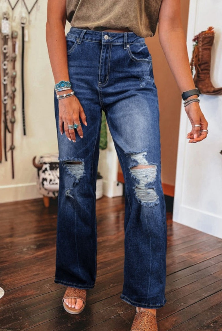 Dust Blue Mineral Washed Distressed High Rise Wide Leg Jeans