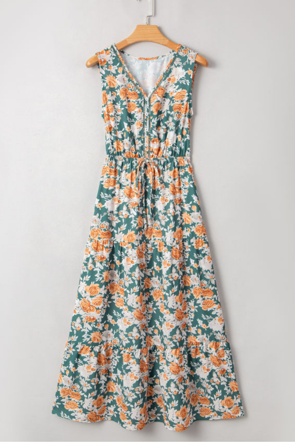 Dusty Green Floral Print V Neck Tie Waist Sleeves Maxi Dress
