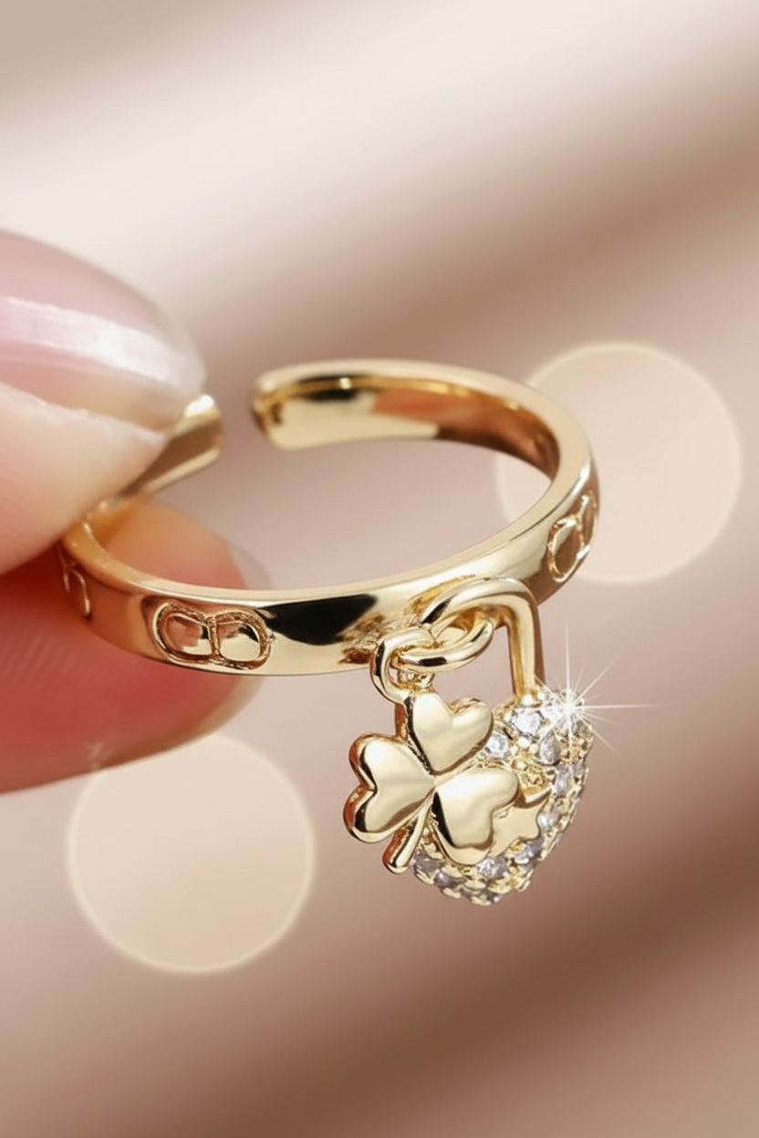 Clover Heart Dangling Adjustable Ring