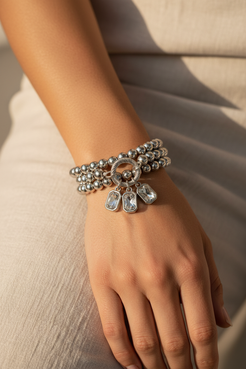 Wish Rhinestone Charm Beaded Fashion Bracelet Gold or Silver