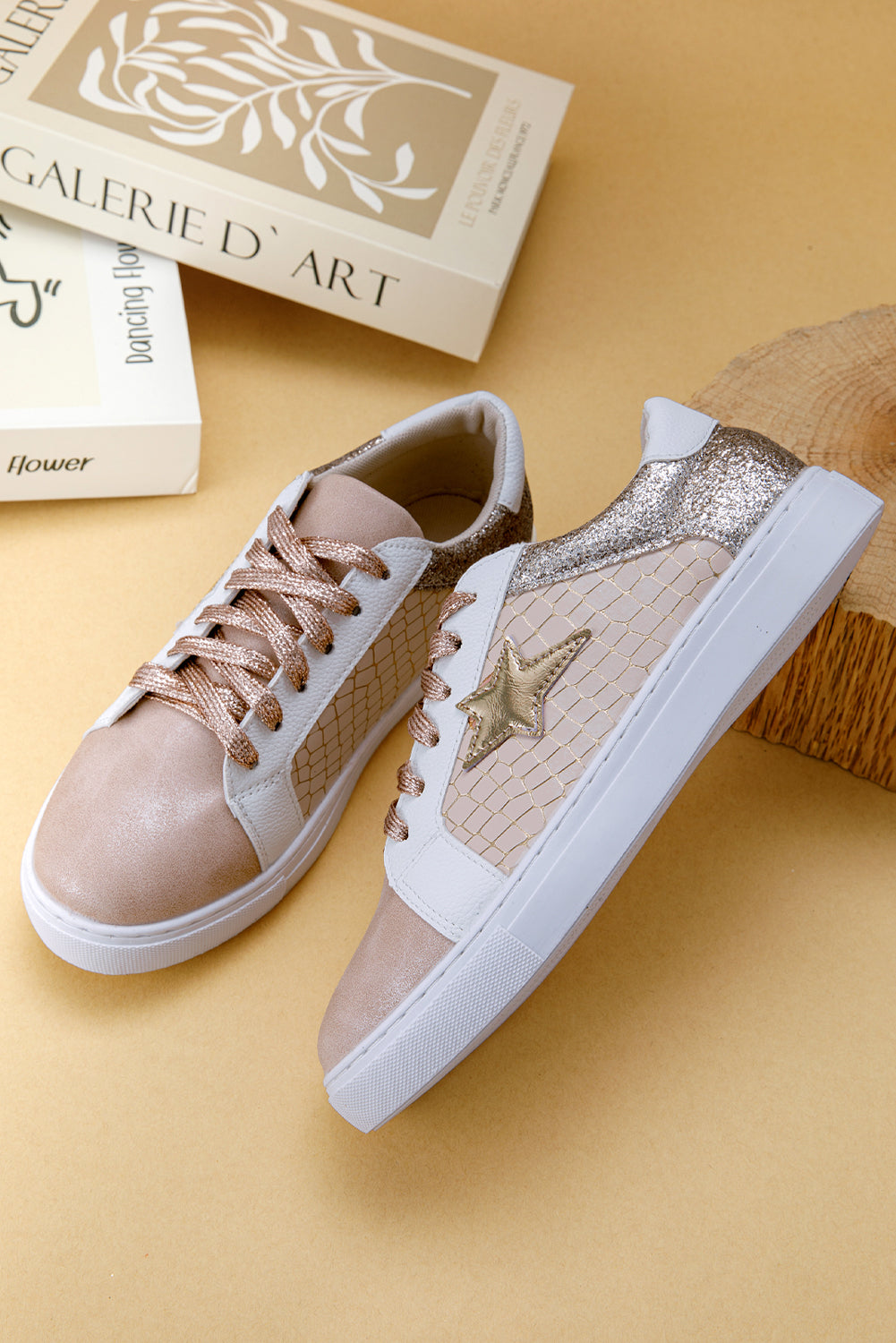 Gold Glitter Star Patchwork PU Leather Lace-up Sneakers