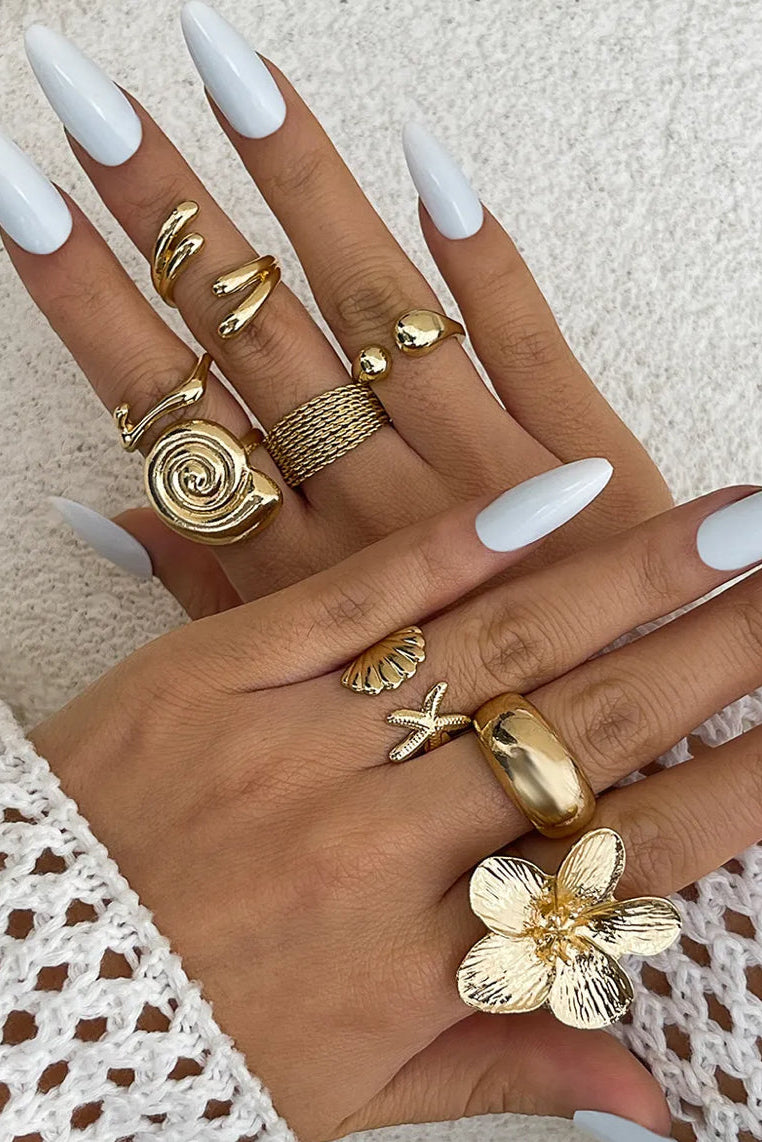 8 Piece Mod Sky Gold Tone Starfish Adjustable Ring Set