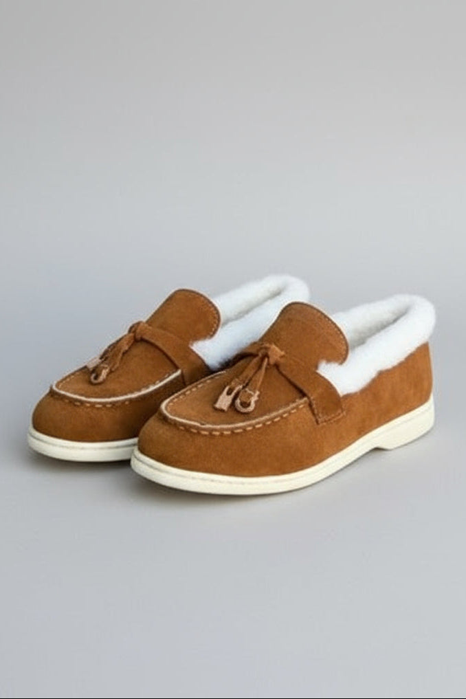 Cozy Brown Slip On Loafers with White Fleece Faux Fur Lining