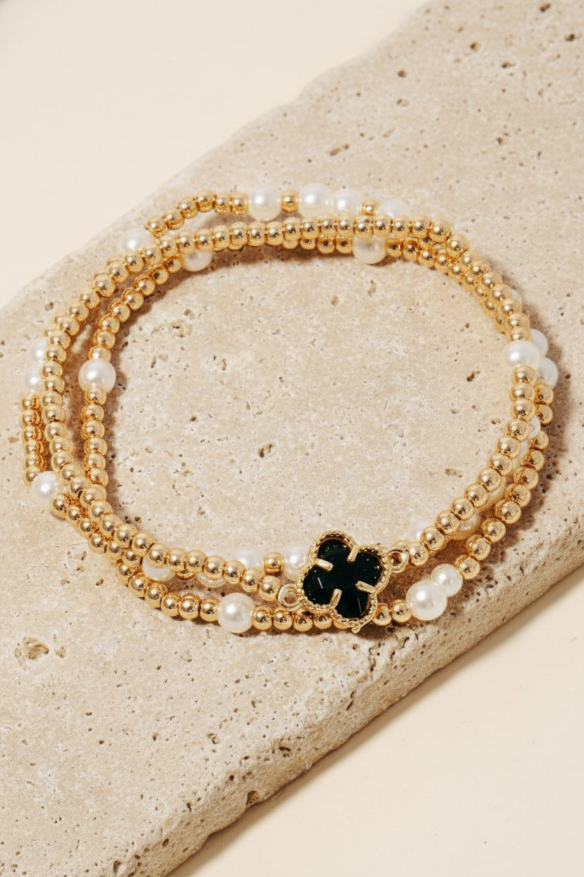 Tell Your Tale Gold and Pearl Beaded Clover Charm Bracelet Set 4 Colors