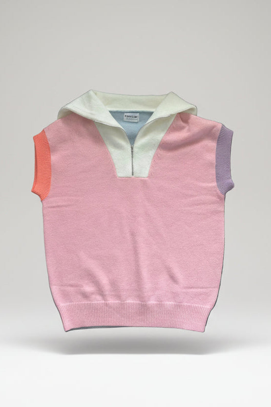 First Love by Lovlyn Pink Multicolor Short Sleeve Pink Quarter Zip Collared Spring Preppy Sweater