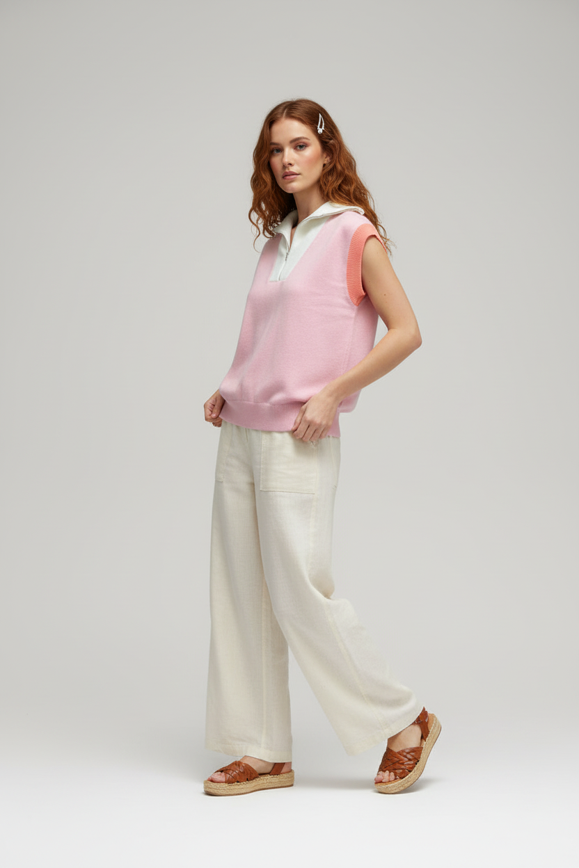 First Love by Lovlyn Pink Multicolor Short Sleeve Pink Quarter Zip Collared Spring Preppy Sweater