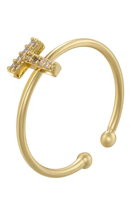 Letter Initial Micro Zirconia Gold Adjustable Ring
