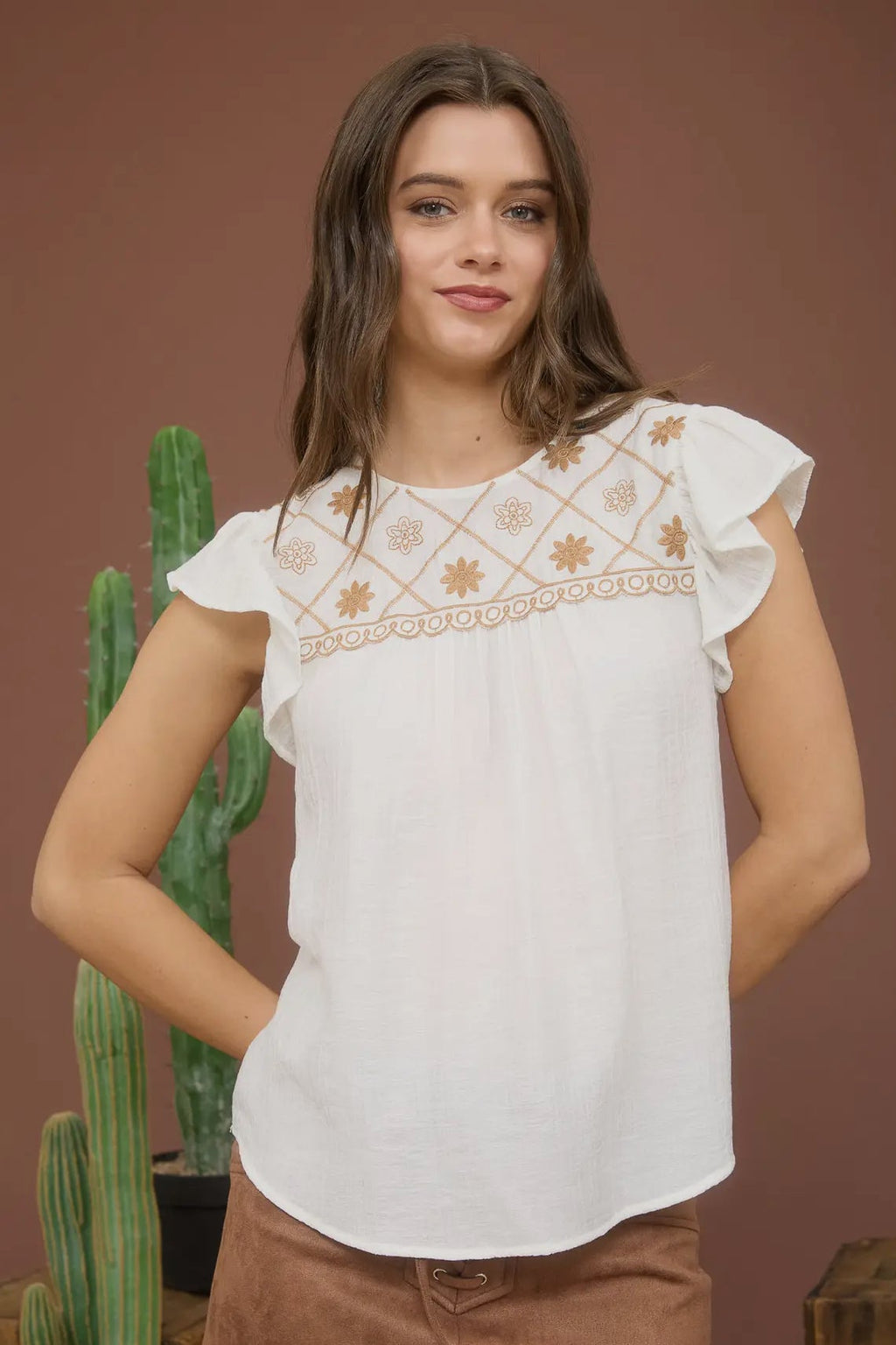 Mine Embroidered Short Ruffled Sleeved Ivory Blouse