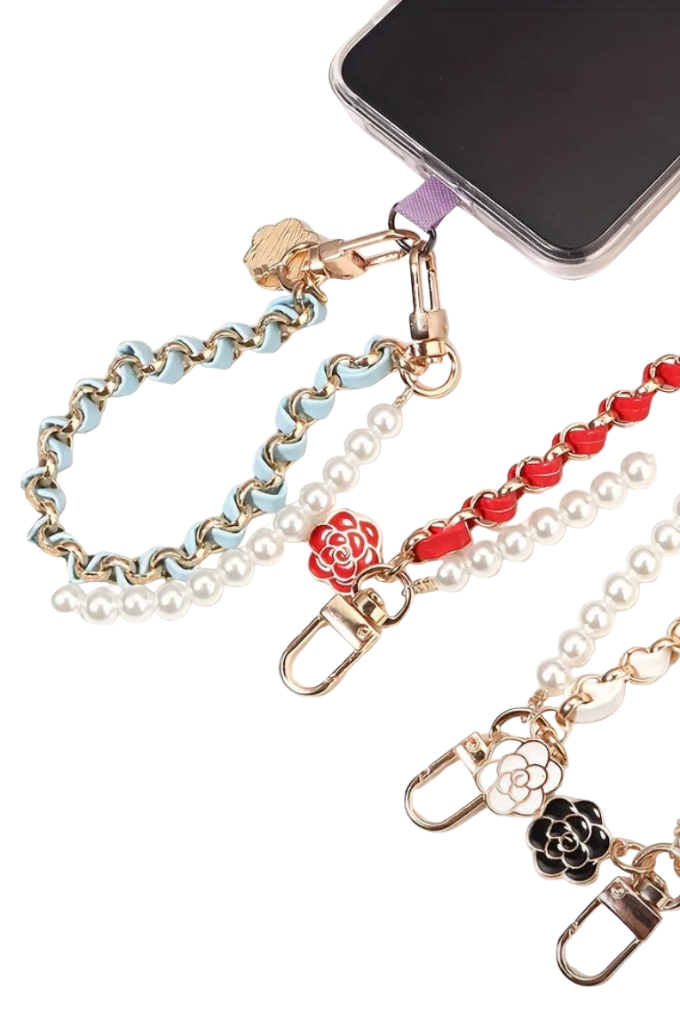 Gold Chain, Faux Pearl & Ribbon Floral Charm Wristlet for Bag, Phone, Keys 3 colors