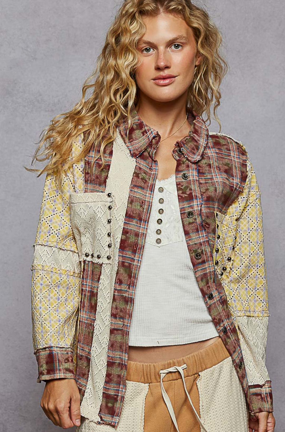 POL Red Brick Mixed Print Oversized Button Down Shirt