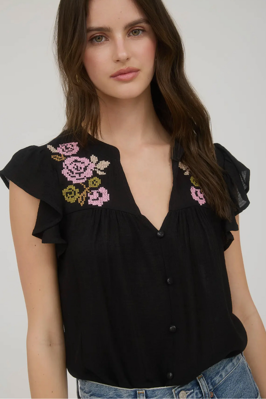 Mine Black with Pink Floral Embroidery V Neck Blouse