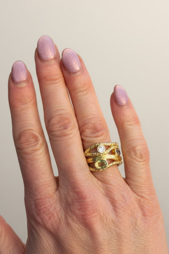 Gold Tone Multi-Layer Colored Stone Fashion Statement Ring