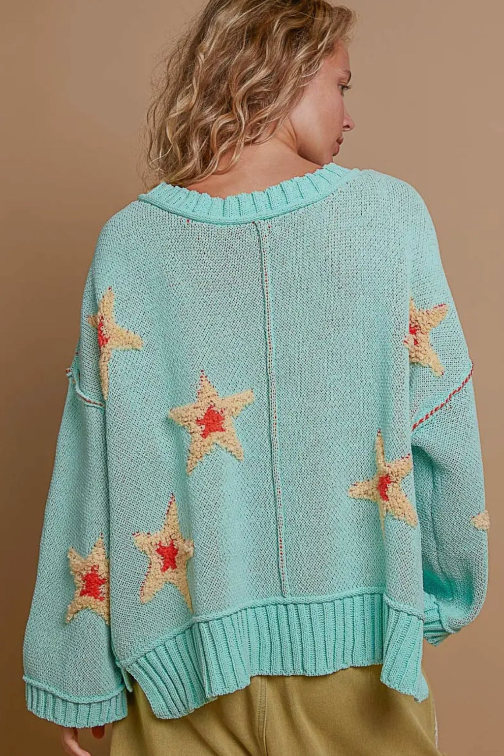 POL Star Berber Patch Paradise Mint V Neck Long Sleeve Sweater