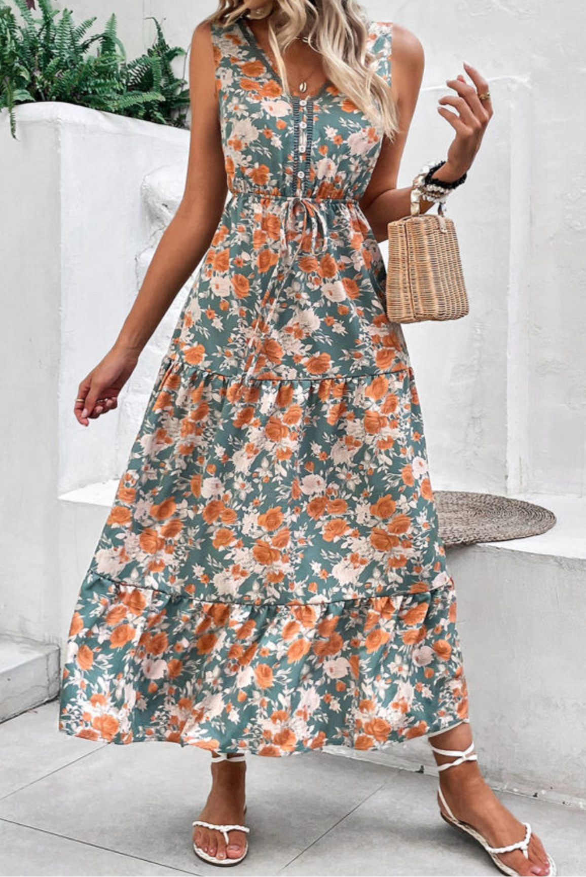 Dusty Green Floral Print V Neck Tie Waist Sleeves Maxi Dress