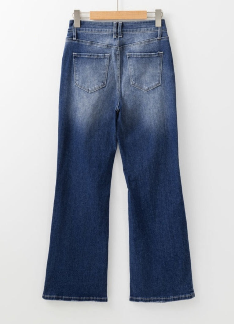 Dust Blue Mineral Washed Distressed High Rise Wide Leg Jeans